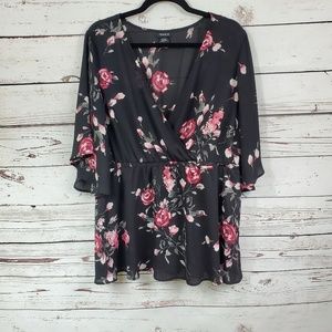 Torrid Surplice Blouse Black Rose Print